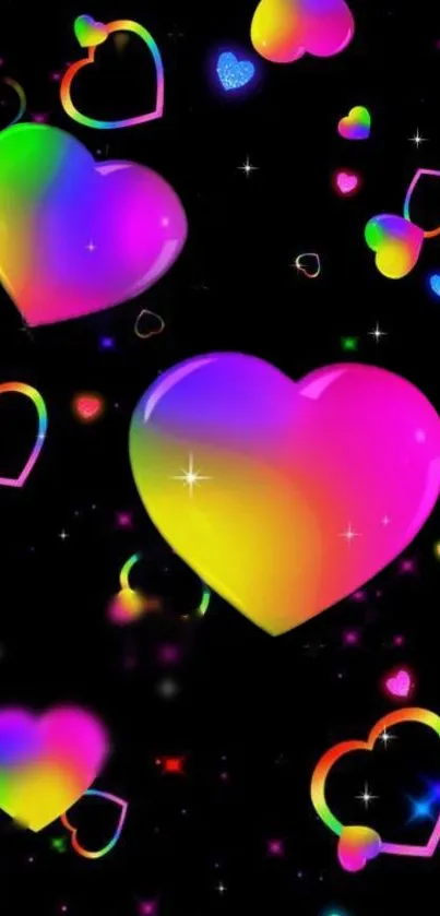 Vibrant neon hearts on a black galaxy background.