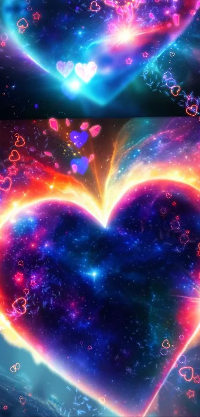 Vibrant galaxy heart wallpaper with neon colors and glowing celestial patterns.