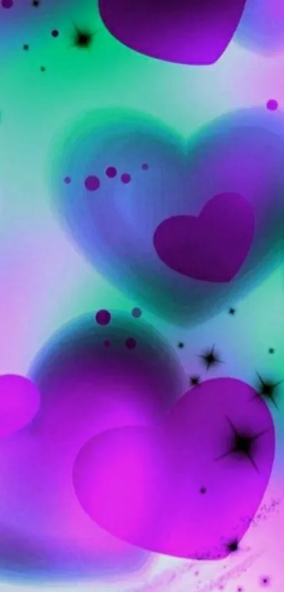 Vibrant pink and purple hearts on galaxy background wallpaper.