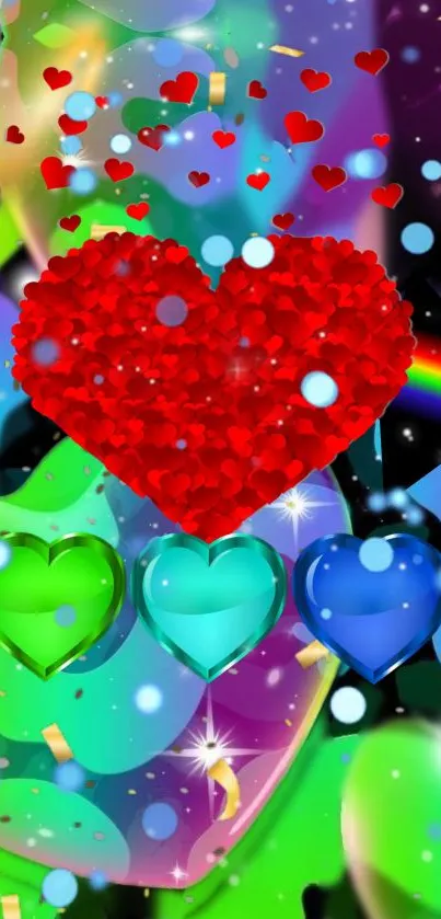 Vibrant red and blue hearts in a cosmic galaxy theme wallpaper.