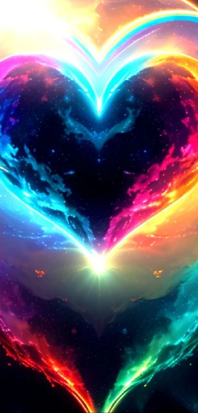 Vibrant heart-shaped galaxy wallpaper with glowing colors and cosmic elements.