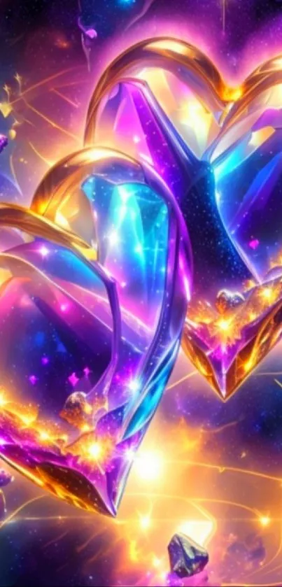Colorful galaxy wallpaper with vibrant heart shapes.