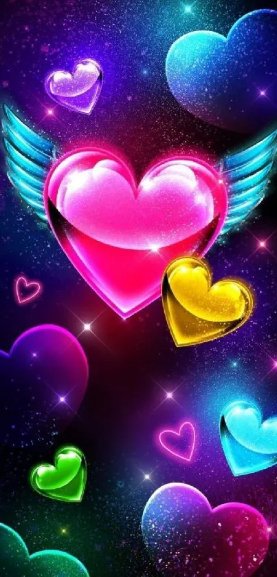 Vibrant neon heart wallpaper with cosmic themes and glowing colors.