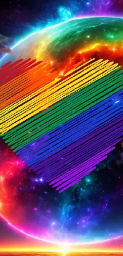 Galaxy-themed mobile wallpaper with a rainbow heart.