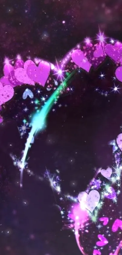 Heart-shaped galaxy with pink and purple stars on a dark background.