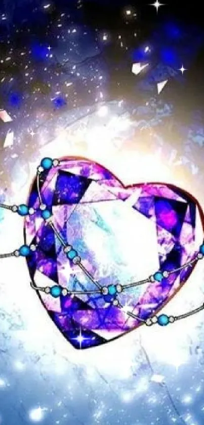 Vibrant heart-shaped gemstone glowing in cosmic galaxy background.