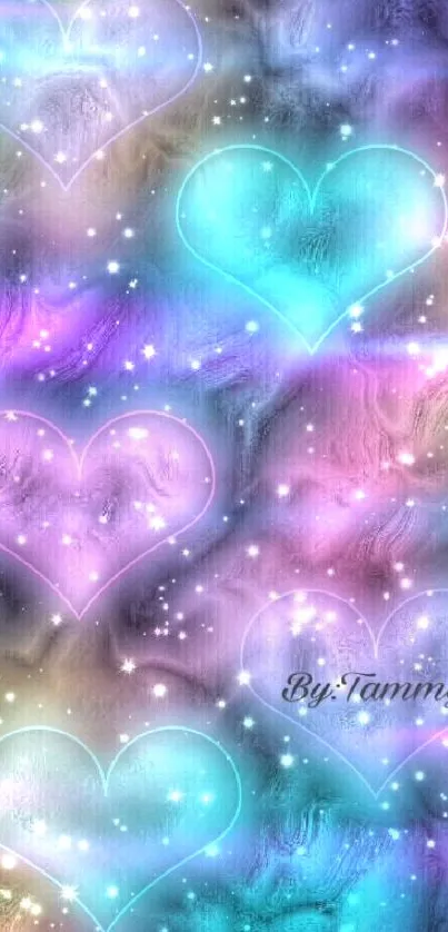 Colorful neon hearts and stars wallpaper.