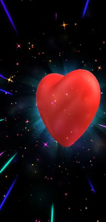 Luminous red heart with colorful cosmic background.