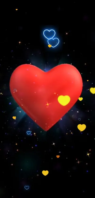 Vibrant red heart amidst colorful hearts and starry galaxy background.