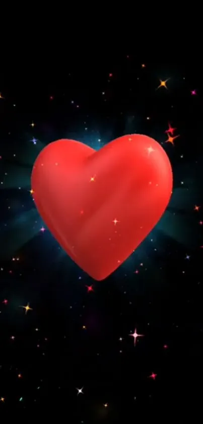 Glowing red heart surrounded by stars in a galaxy backdrop.