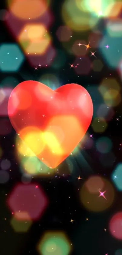 Bright heart with glowing bokeh effects, featuring colorful lights and sparkles.