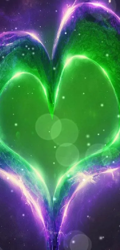 Heart-shaped galaxy in green and purple.