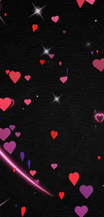 Vibrant heart shapes on black wallpaper with galaxy theme.