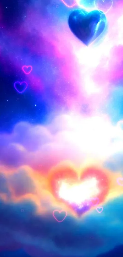 Vibrant heart in a cosmic galaxy with colorful clouds and bright lights.