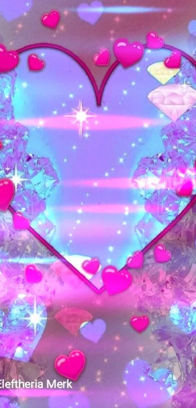 Vibrant heart-shaped gem wallpaper with pink accents and sparkling design.