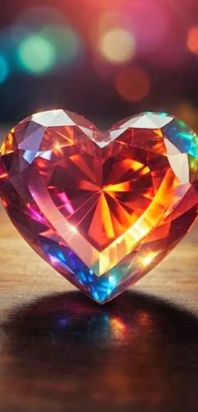 Colorful heart-shaped gem with vibrant hues on a wooden surface.