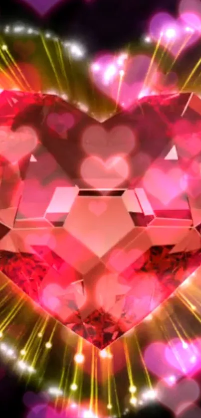 Vibrant pink heart-shaped gem mobile wallpaper with glowing effects.