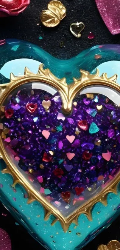 Heart-shaped gem with colorful sparkles and gold detailing on a vibrant backdrop.
