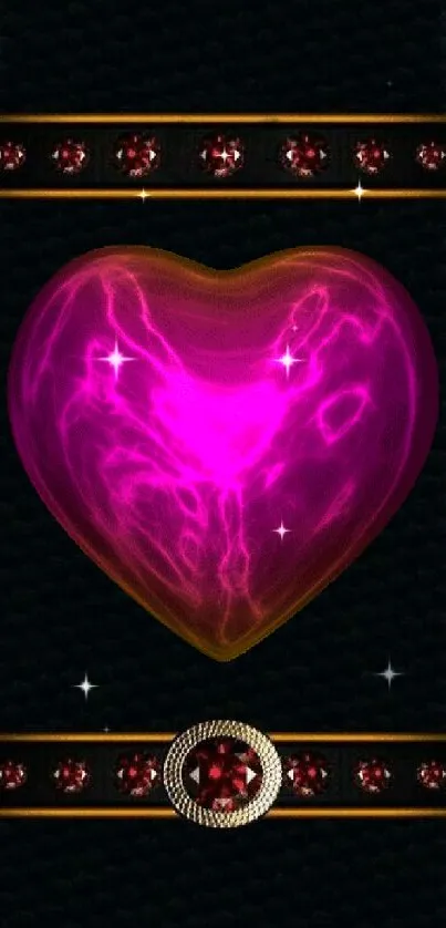 Mobile wallpaper with glowing heart gem and dark background.