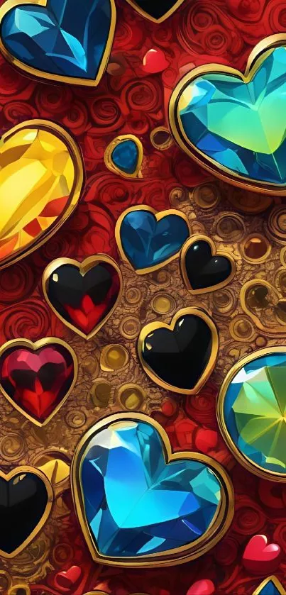 Heart-shaped gemstones art on red background.