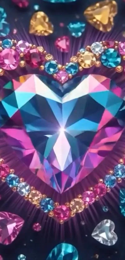 Heart-shaped vibrant gemstone wallpaper with sparkling colors.