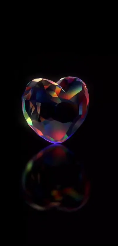 Heart-shaped colorful gemstone on black background.