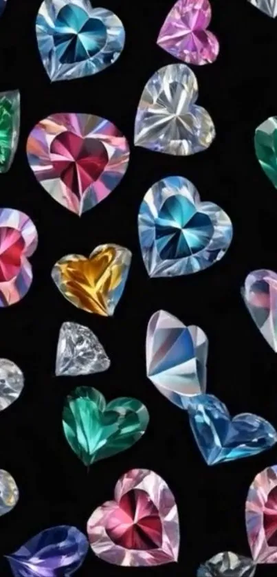 Colorful heart-shaped gemstones on a black background wallpaper.