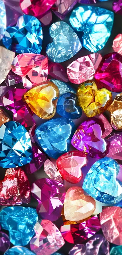 Colorful heart-shaped gemstones wallpaper with a vibrant, sparkling design.