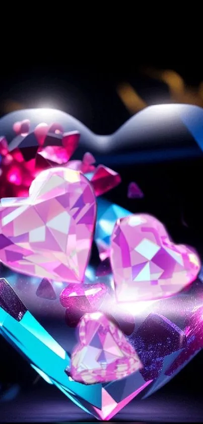 Mobile wallpaper with vibrant pink and blue gemstone hearts on a black background.