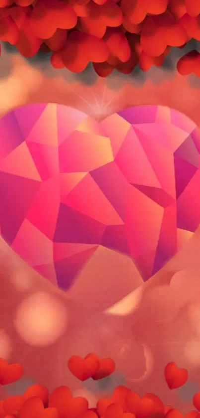 Vibrant geometric heart wallpaper with red tones and artistic design.