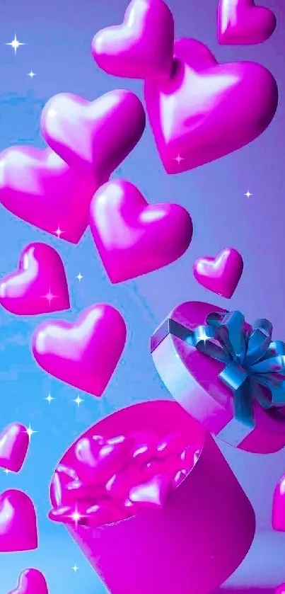 Pink hearts and gift box on blue background.