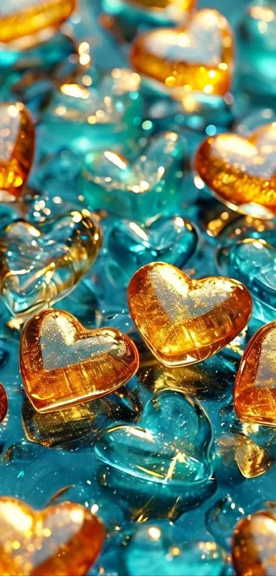 Colorful glass hearts in gold and turquoise hues.