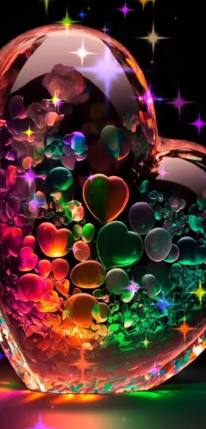 Vibrant heart glass with colorful bubbles in a dark background wallpaper.