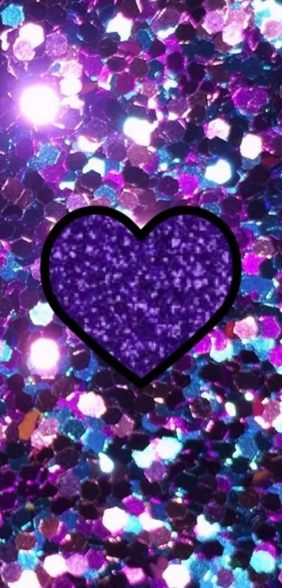 Purple heart glitter wallpaper with blue and purple tones.