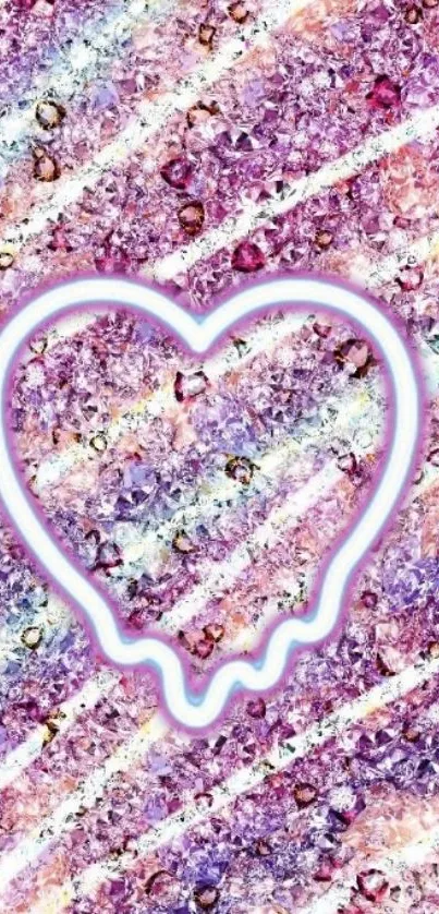 Vibrant heart glitter wallpaper with neon outline and pastel diagonal stripes.