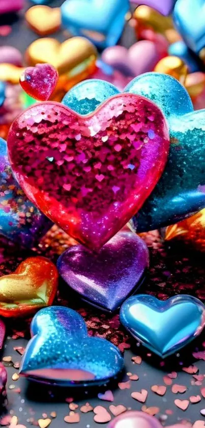 Colorful glitter hearts wallpaper with vibrant hues.