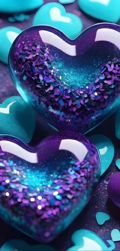 Vibrant glitter heart wallpaper in blue and purple hues.