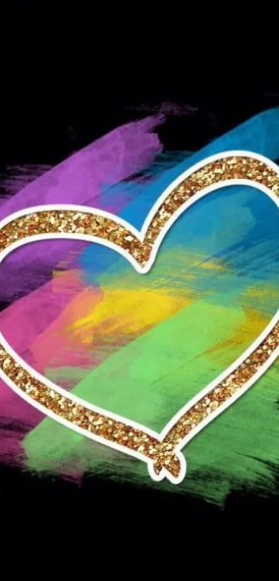 Vibrant glitter heart with colorful paint strokes on black background.