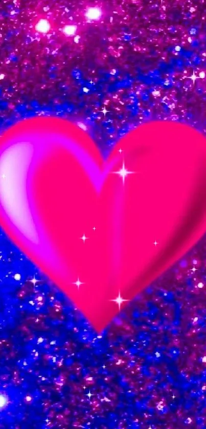 Pink heart on blue and purple glitter wallpaper.