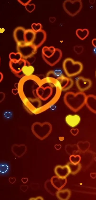 Vibrant glowing hearts mobile wallpaper in red and orange hues on a dark background.