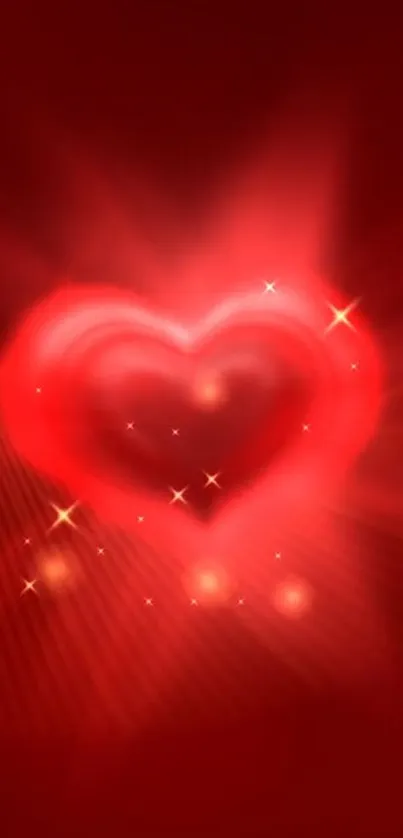 Vibrant glowing heart with sparkles on a deep red background.