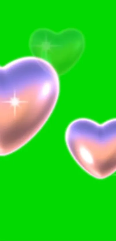 Colorful glowing hearts on neon green background for mobile wallpaper.