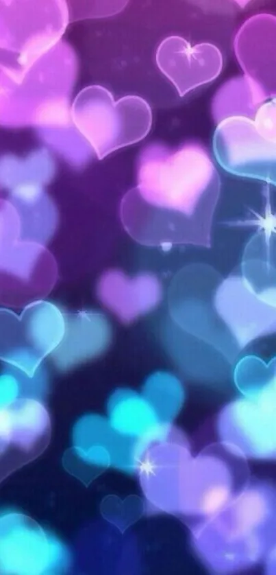 Vibrant purple and blue heart pattern wallpaper.