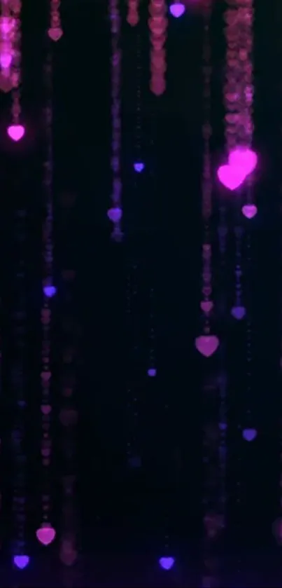 Purple and pink heart glow wallpaper with dark background.