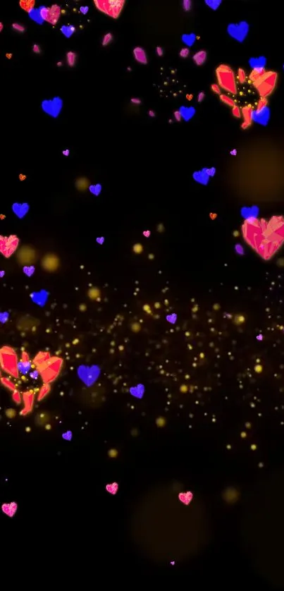 Vibrant glowing heart wallpaper with dark background and colorful hearts.