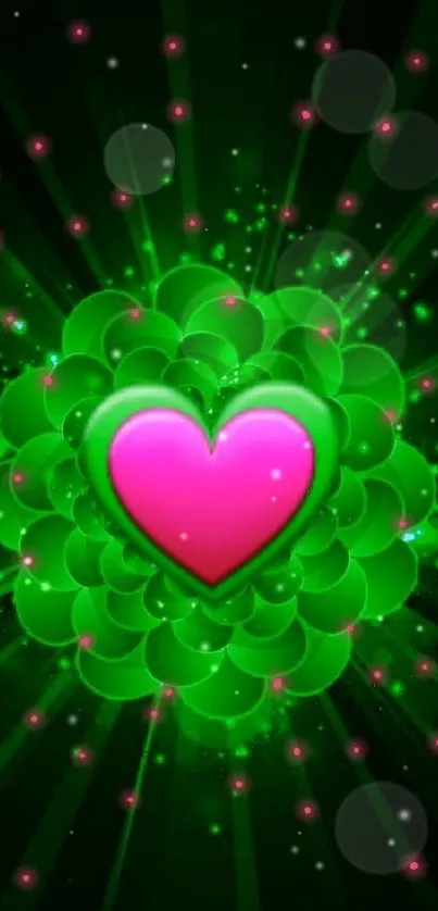 Vibrant wallpaper with glowing pink heart and green background.