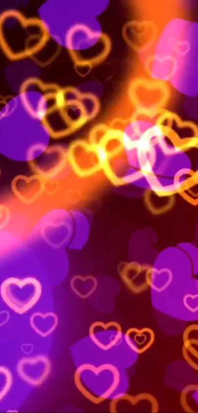 Mobile wallpaper with glowing neon hearts in purple and orange hues.