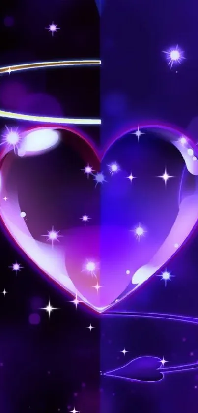 Purple glowing heart wallpaper with abstract light effects.