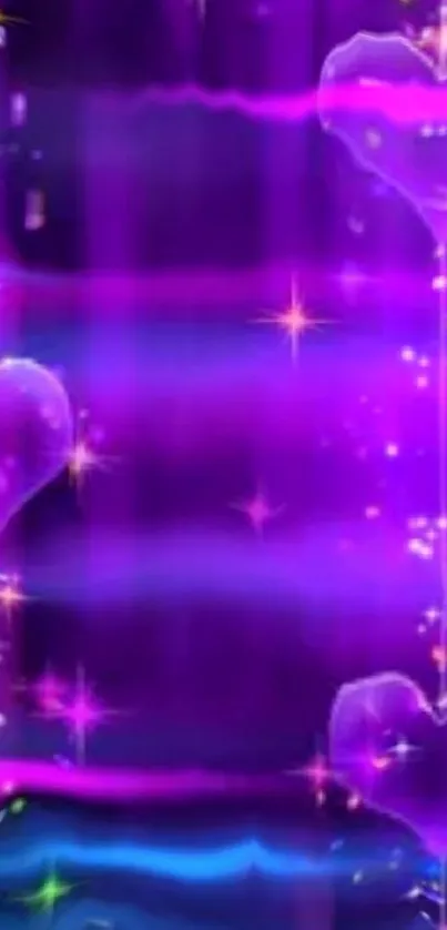 Vibrant purple heart-themed wallpaper with glowing sparkles.