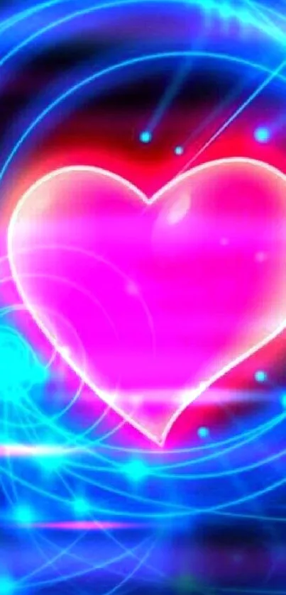 Neon pink heart with a blue glow background.